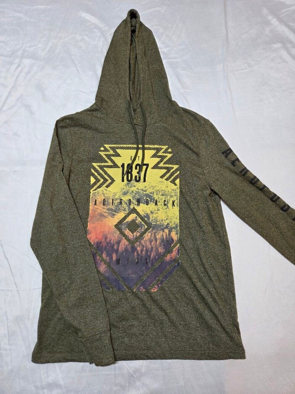 Aeropostale Olive Hoodie with Yellow and Multicolor Graphic